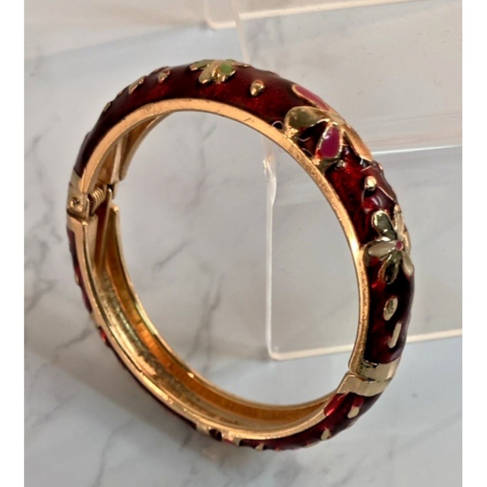 Jiu Long Xing Bangle Bracelet Enamel Flowers‎ Hinged Gold Tone Pink Red Green